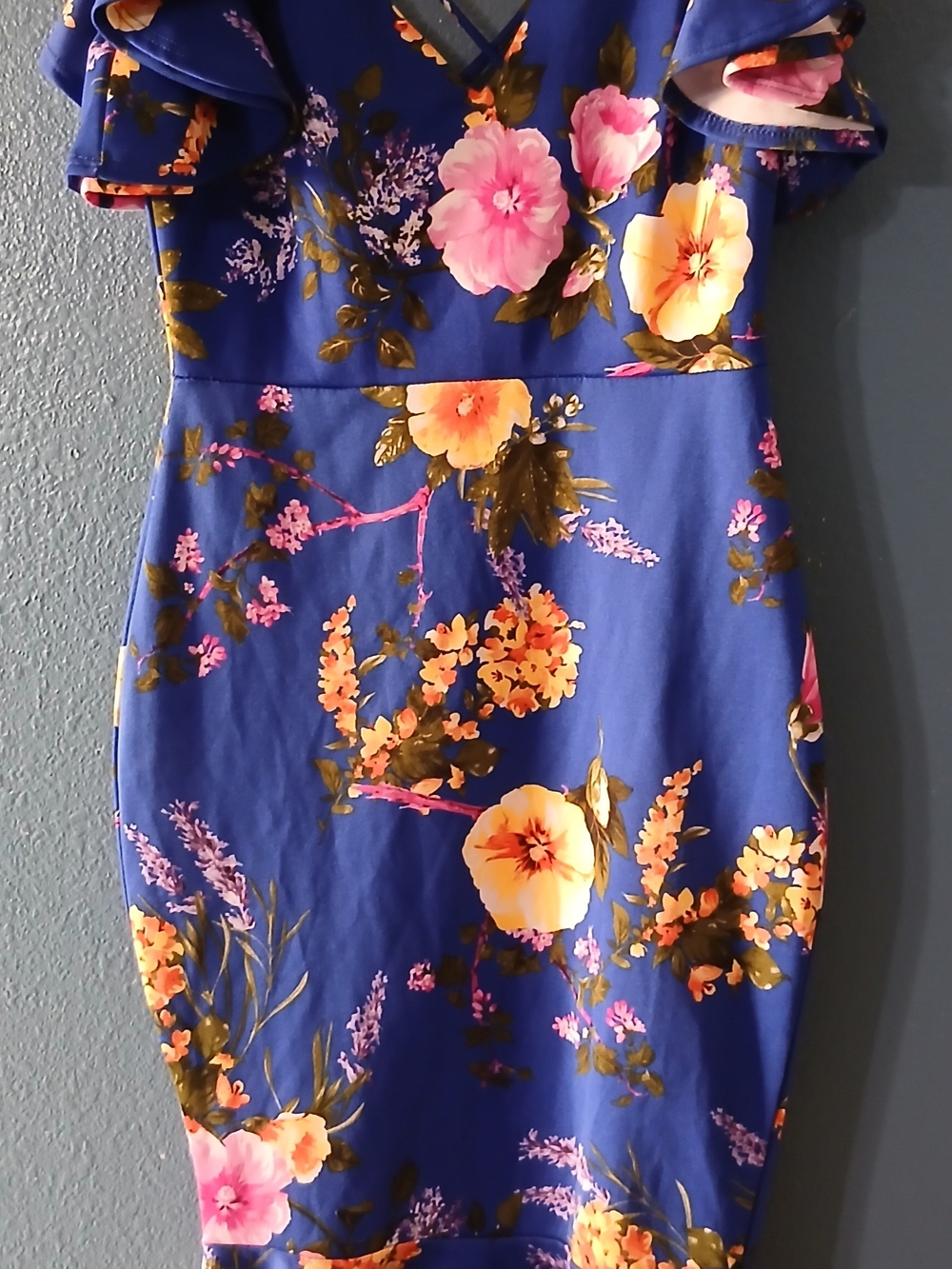 Floral Ruffle Sleeve Sheath Dress - Blue